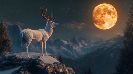 A majestic white deer with perfect antlers, on the mountain and the beautiful view of the full moon at night