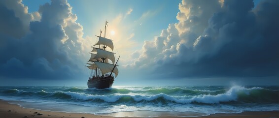 Obraz premium Stormy ocean shore, clouds on the horizon, pirate ship under them. Oil painting, Detailed drawing
