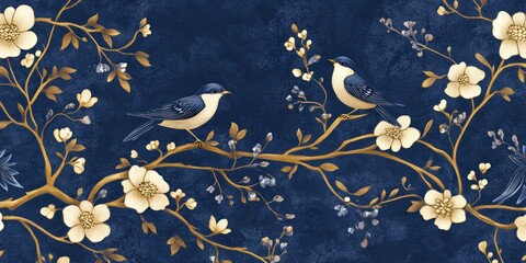 Elegant Birds Perched on Golden Branches Amidst Delicate Blossoms