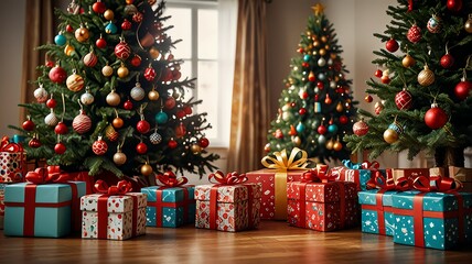 A cheerful holiday space with glowing Christmas trees and an overwhelming number of presents stacked neatly.
