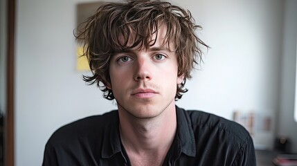 Fototapeta premium Portrait of a Young Man with Messy Hair in Indoor Setting