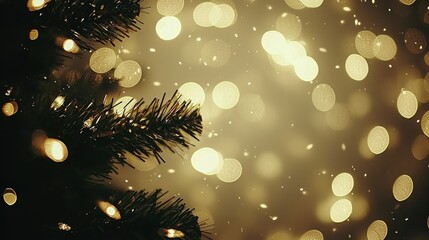 Fototapeta premium Golden Christmas Lights and Pine Branch Bokeh Background