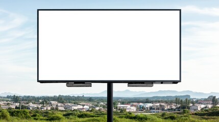 Fototapeta premium A blank billboard stands against a scenic landscape backdrop.