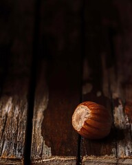 Single Hazelnut on Rustic Wooden Surface