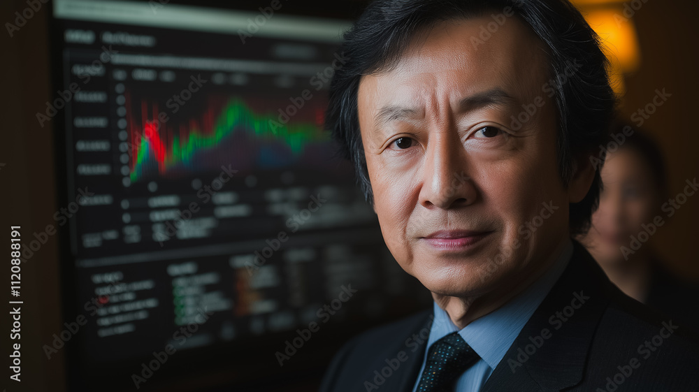 Poster a man is standing in front of a large screen with a lot of numbers and graphs. he is wearing a suit 