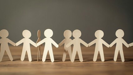 Paper Cutout Stick Figures Holding Hands in a Line on Wooden Table, Unity, Teamwork, and Community Concept