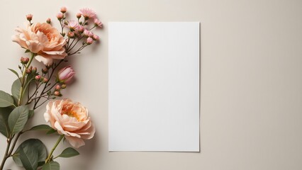 Minimalist Neutral Wedding Invitation Mockup, Blank White Card with Peach Roses and Pink Flowers