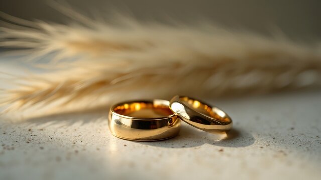 Close-up Minimalist Shot, Golden Wedding Rings with Pampas Grass, Soft Lighting, Natural Tones, Detailed View