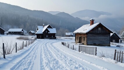 Naklejka premium Snowy Polish Village, Winter Wonderland in Nocna Gola with Cross-Country Skiing Track