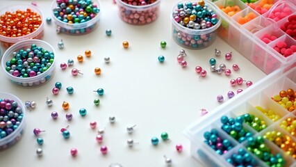 Vibrant Colorful Beads & Craft Supplies on White Table, Jewelry Making Kit