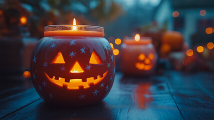 A group of three pumpkin lanterns with a smiling face on one of them. The lanterns are lit and placed on a wooden table