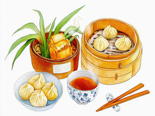 Chinese new year watercolor concept. Delicious dumplings served with tea, perfect for a cozy meal or gathering.