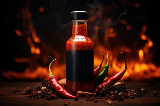 Chilly sauce or ketchup in glass bottle made of red hot chili peppers on black background with flame and smoke. Mexican paprika spice. Mockup for logo or design