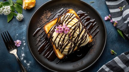 Delicious dessert featuring cake, chocolate sauce, and cream