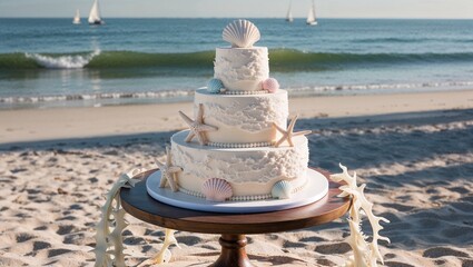 Fototapeta premium Coastal wedding cake with seashells on beach backdrop