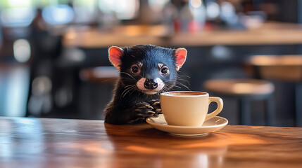 Adorable Tasmanian Devil Enjoys Coffee Shop Latte