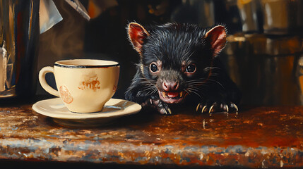 Tasmanian Devil Pup Enjoys A Quiet Cup Of Coffee