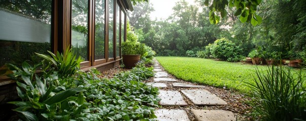 Obraz premium Tranquil Monday Morning: Serene Garden View with Morning Dew