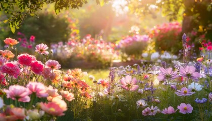 Fototapeta premium A dreamy garden filled with vibrant blooming flowers in a soft, pastel color palette under warm sunlight