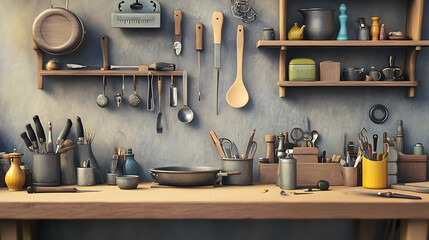 Rustic Kitchen Countertop with Organized Cooking Utensils and Shelves