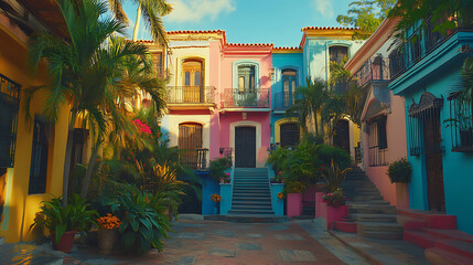 Colorful Caribbean Houses With Lush Tropical Foliage