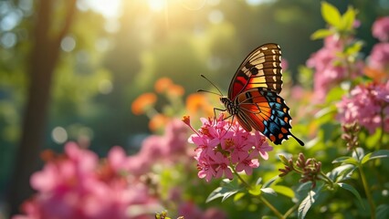 Vibrant Butterfly on Pink Flower in Sunlight, High-Resolution Nature Photography