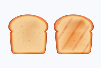 Set of slices toast bread 3D illustration isolated on white background. Toast Bread slices, Pieces of lightly toasted white bread. Round yeasted, sourdough bread. 3D Vector realistic cartoon icon