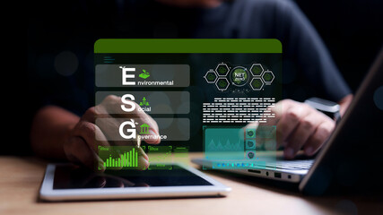 ESG analysis on screen in business investment strategy ideas. ESG Environment Social Governance Business Ideas Environmental Investment and Business Grow Together.
