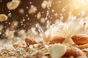 Close-up of almonds and oats being splashed by a stream of almond milk captured in mid-motion