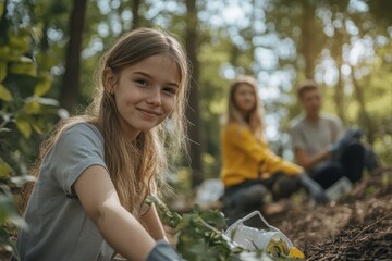 Girl smiles while volunteering, cleaning park. Shows environmentalism, community action, and youth involvement.