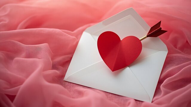 Romantic Valentine's Day, Red Heart Paper Arrow Pierced Attached to White Envelope on Pink Tulle Fabric