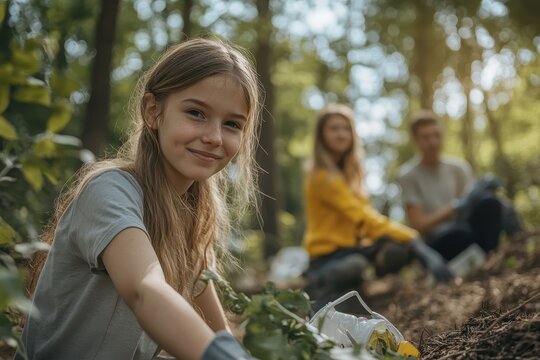 Girl smiles while volunteering, cleaning park. Shows environmentalism, community action, and youth involvement.