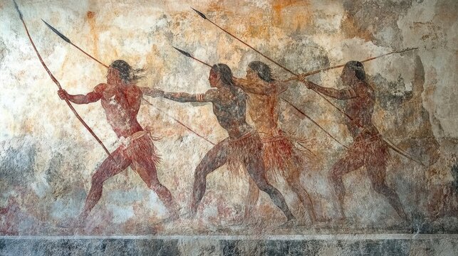 Wall painting of ancient hunters with long spears depicts a dramatic scene of survival and tradition.