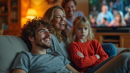 Family Movie Night, Young Man, Mother, and Sister Watching TV on Couch - Cinematic Shot