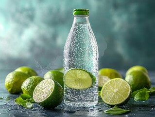 A refreshing bottle of sparkling water with lime slices, surrounded by fresh limes, set against a moody, blurred background.