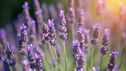 Obraz premium Close-up of Vibrant Lavender Blossoms in a Tranquil English Garden Setting, bathed in warm summer sunlight. Delicate purple flowers sway gently, creating a serene and beautiful scene.