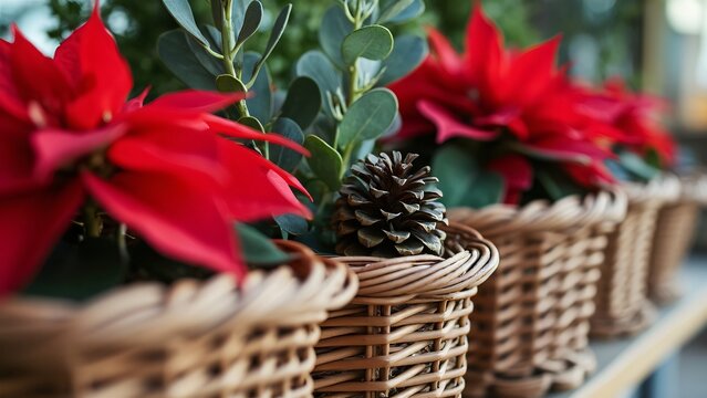 Close-up of Wicker Baskets with Red Poinsettia, Pine Cones & Eucalyptus; Festive Christmas Decorations