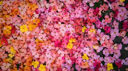 Obraz premium Ephemeral beauty Concept. A vibrant array of colorful flower petals in shades of pink, orange, and yellow, creating a visually stunning floral carpet.