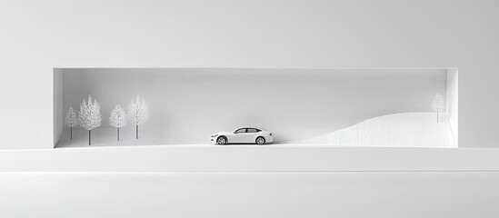 Minimalist white car model in a snowy landscape scene.