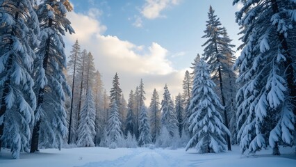 Fototapeta premium Serene Snow Covered Pine Forest in Winter Wonderland, Majestic Tall Trees, Blue Sky, and Fluffy Clouds - A Peaceful Winter Nature Scene
