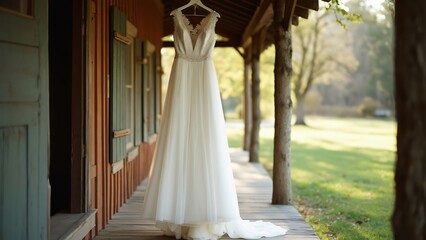 Elegant White Wedding Dress Hanging on Rustic Barn Porch - Romantic Bridal Fashion Photography