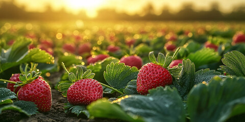 A stunning sunrise illuminates a field of ripe, juicy strawberries,