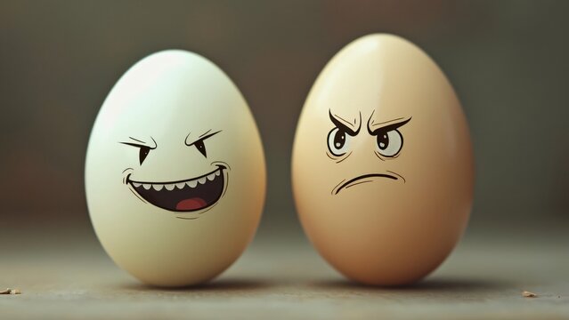 Two Eggs with Funny Faces, Happy and Angry Egg Expressions, Hilarious Cartoon Food Photography, Creative Concept of Emotions, Close-Up Shot of Eggs with Drawn Faces, Joyful and Grumpy