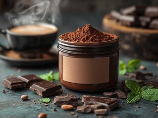 A jar of cocoa powder sits among chocolate pieces and a steaming cup, surrounded by fresh mint leaves, creating a warm and inviting scene.