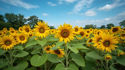 Vibrant Sunflowers Field, Stunning Yellow Blooms Under a Blue Sky, Lush Green Leaves, and Trees in Background