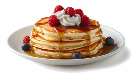 A delicious stack of pancakes topped with whipped cream, fresh raspberries, blueberries, and drizzled with syrup, served on a white plate.