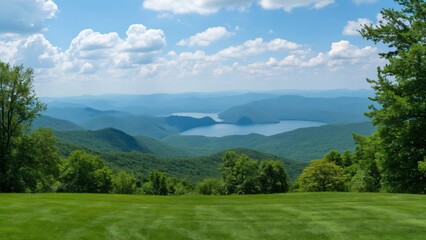 Stunning Panoramic Smoky Mountain View from Two-Story Home, Lake, Green Trees, Blue Sky