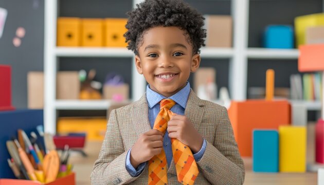Boy in smart outfit adjusting toy tie and smiling in playful classroom environment