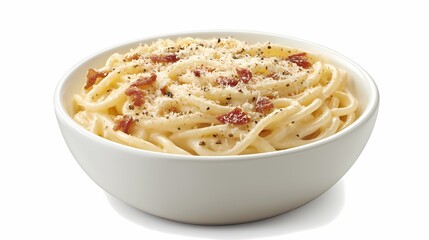 Creamy pasta dish topped with cheese and seasonings, served in a white bowl, showcasing a delicious meal perfect for pasta lovers.
