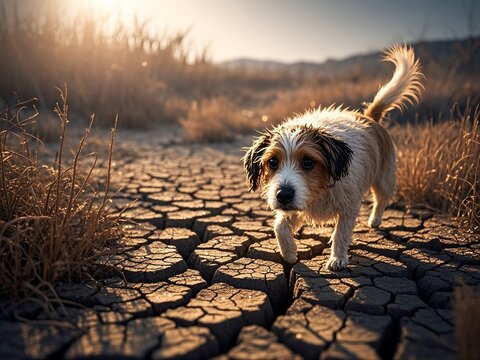 A thirst and sweating dog  on the land affected by Severe Drought and Arid Conditions,looking for water.environment&nbsp;protection; sustainable development and ecology balance concept